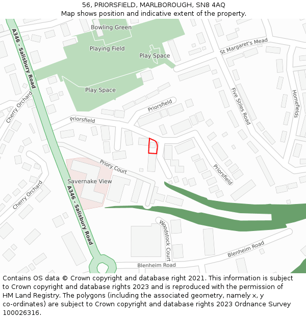 56, PRIORSFIELD, MARLBOROUGH, SN8 4AQ: Location map and indicative extent of plot