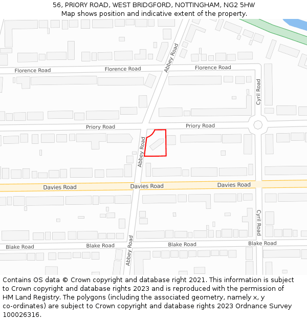 56, PRIORY ROAD, WEST BRIDGFORD, NOTTINGHAM, NG2 5HW: Location map and indicative extent of plot