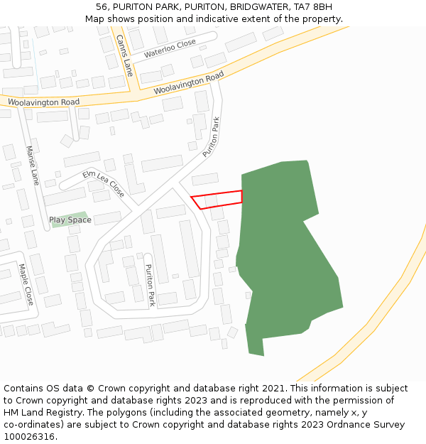 56, PURITON PARK, PURITON, BRIDGWATER, TA7 8BH: Location map and indicative extent of plot