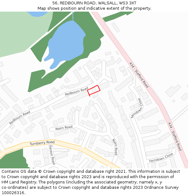 56, REDBOURN ROAD, WALSALL, WS3 3XT: Location map and indicative extent of plot