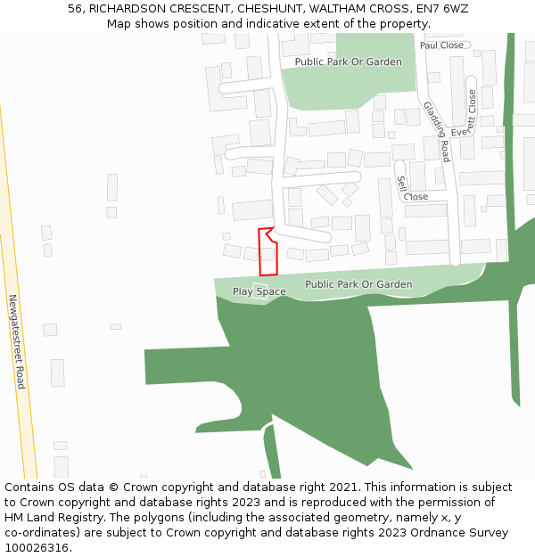 56, RICHARDSON CRESCENT, CHESHUNT, WALTHAM CROSS, EN7 6WZ: Location map and indicative extent of plot