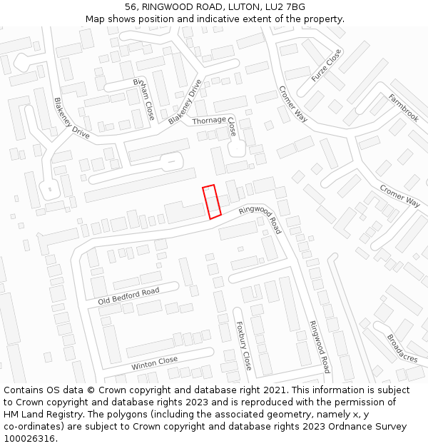 56, RINGWOOD ROAD, LUTON, LU2 7BG: Location map and indicative extent of plot