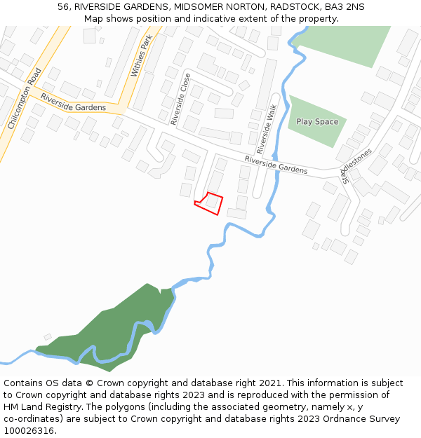 56, RIVERSIDE GARDENS, MIDSOMER NORTON, RADSTOCK, BA3 2NS: Location map and indicative extent of plot