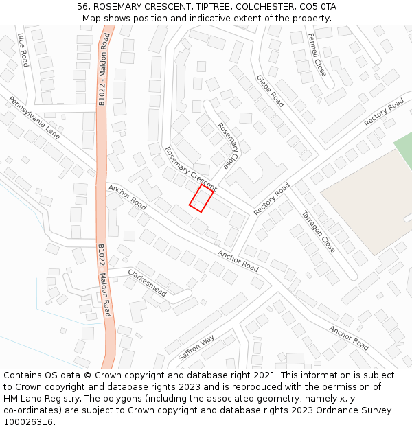 56, ROSEMARY CRESCENT, TIPTREE, COLCHESTER, CO5 0TA: Location map and indicative extent of plot