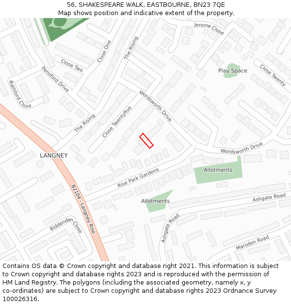 56, SHAKESPEARE WALK, EASTBOURNE, BN23 7QE: Location map and indicative extent of plot