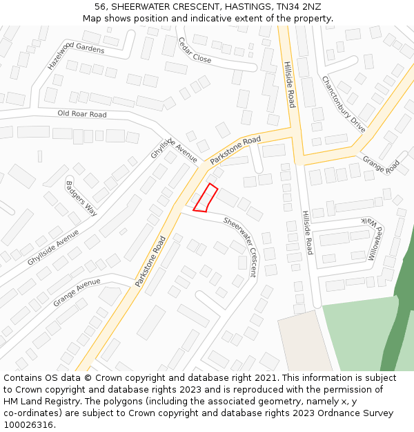 56, SHEERWATER CRESCENT, HASTINGS, TN34 2NZ: Location map and indicative extent of plot