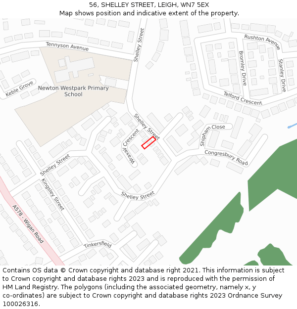 56, SHELLEY STREET, LEIGH, WN7 5EX: Location map and indicative extent of plot