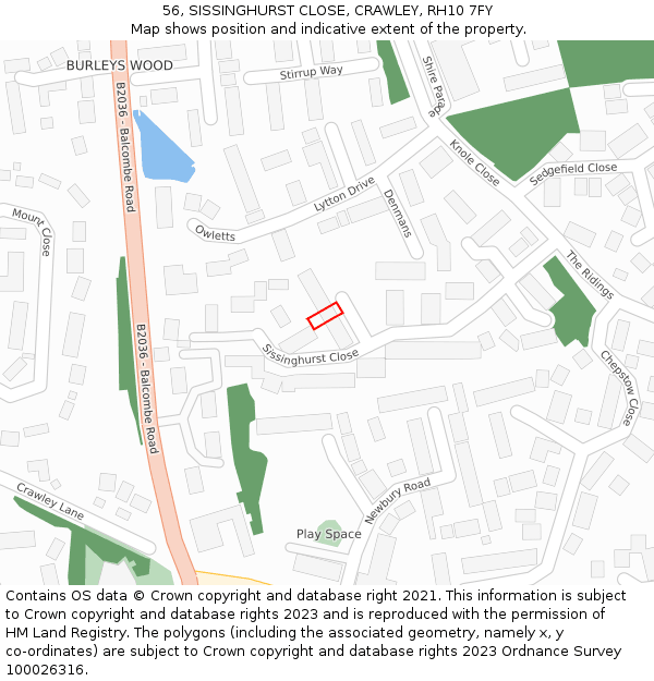 56, SISSINGHURST CLOSE, CRAWLEY, RH10 7FY: Location map and indicative extent of plot
