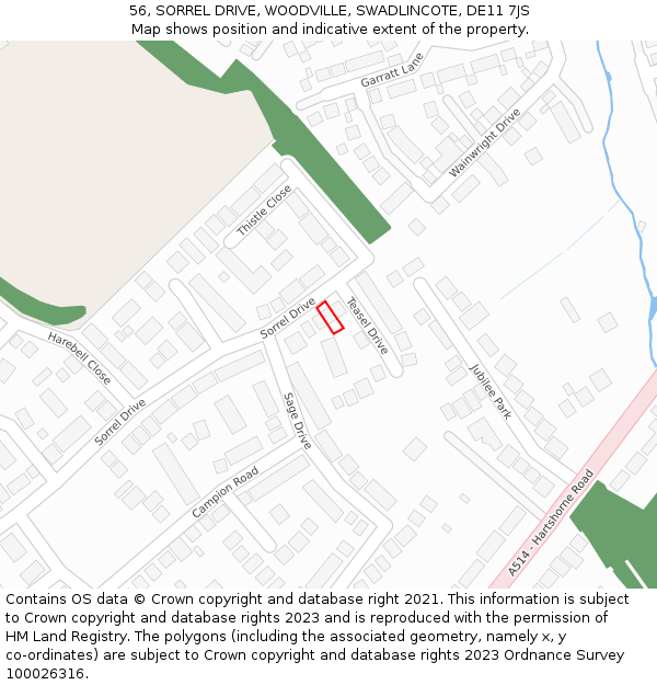 56, SORREL DRIVE, WOODVILLE, SWADLINCOTE, DE11 7JS: Location map and indicative extent of plot