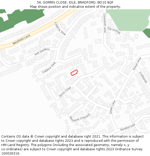 56, SORRIN CLOSE, IDLE, BRADFORD, BD10 8QF: Location map and indicative extent of plot