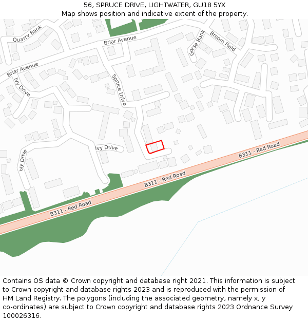 56, SPRUCE DRIVE, LIGHTWATER, GU18 5YX: Location map and indicative extent of plot