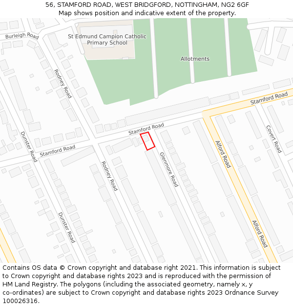 56, STAMFORD ROAD, WEST BRIDGFORD, NOTTINGHAM, NG2 6GF: Location map and indicative extent of plot