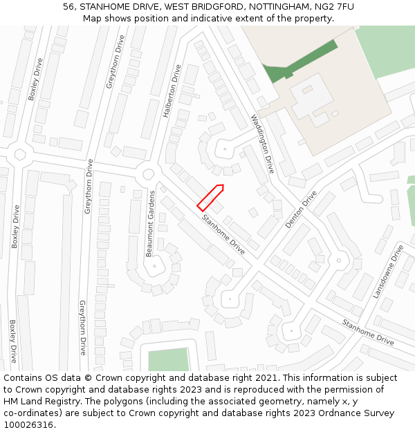 56, STANHOME DRIVE, WEST BRIDGFORD, NOTTINGHAM, NG2 7FU: Location map and indicative extent of plot