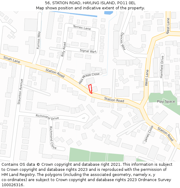 56, STATION ROAD, HAYLING ISLAND, PO11 0EL: Location map and indicative extent of plot