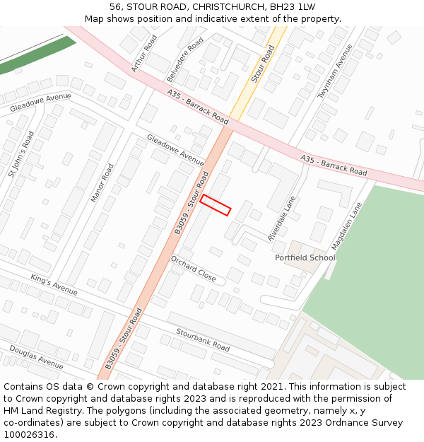 56, STOUR ROAD, CHRISTCHURCH, BH23 1LW: Location map and indicative extent of plot