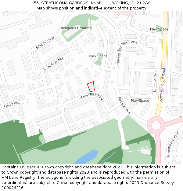 56, STRATHCONA GARDENS, KNAPHILL, WOKING, GU21 2AY: Location map and indicative extent of plot