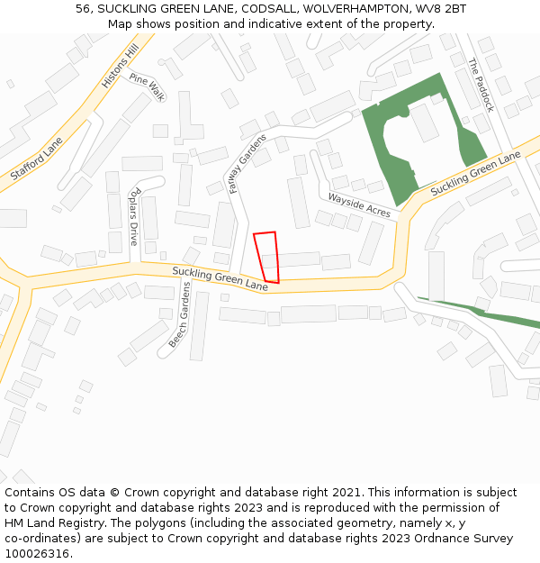 56, SUCKLING GREEN LANE, CODSALL, WOLVERHAMPTON, WV8 2BT: Location map and indicative extent of plot