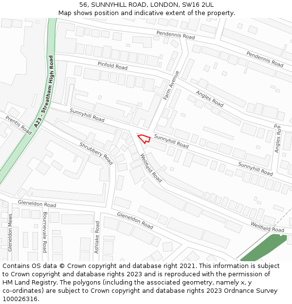 56, SUNNYHILL ROAD, LONDON, SW16 2UL: Location map and indicative extent of plot