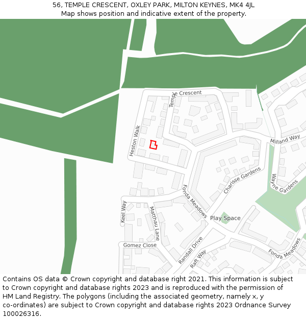 56, TEMPLE CRESCENT, OXLEY PARK, MILTON KEYNES, MK4 4JL: Location map and indicative extent of plot