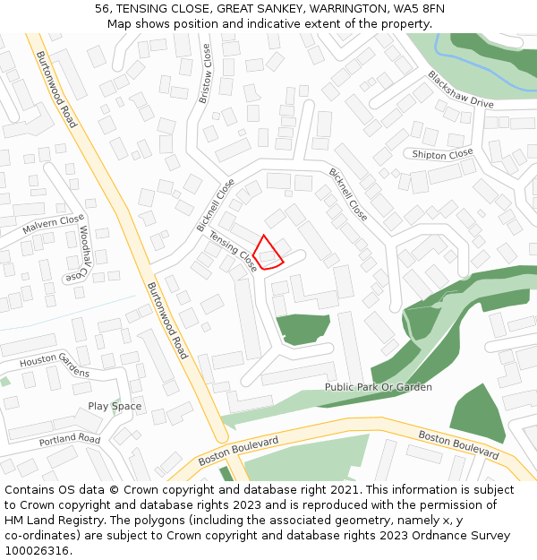 56, TENSING CLOSE, GREAT SANKEY, WARRINGTON, WA5 8FN: Location map and indicative extent of plot