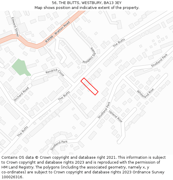 56, THE BUTTS, WESTBURY, BA13 3EY: Location map and indicative extent of plot