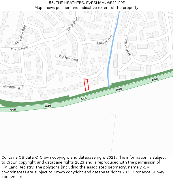 56, THE HEATHERS, EVESHAM, WR11 2PF: Location map and indicative extent of plot