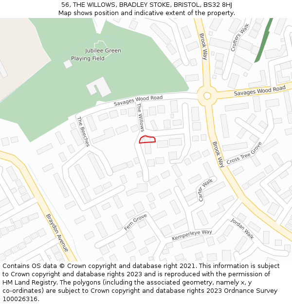 56, THE WILLOWS, BRADLEY STOKE, BRISTOL, BS32 8HJ: Location map and indicative extent of plot