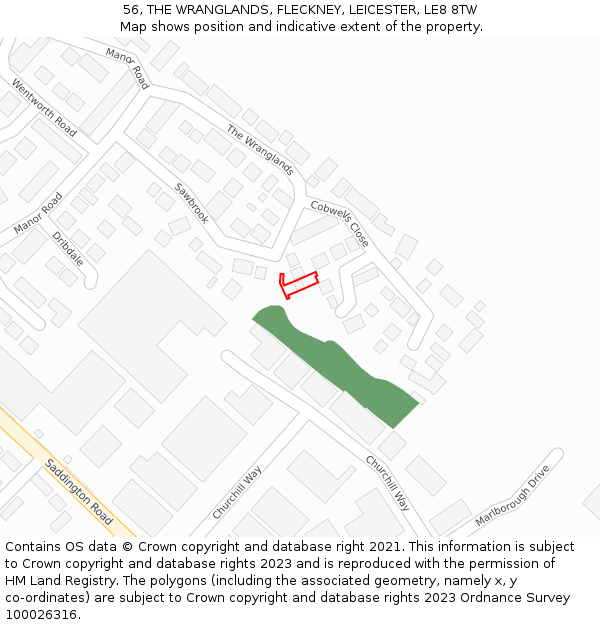 56, THE WRANGLANDS, FLECKNEY, LEICESTER, LE8 8TW: Location map and indicative extent of plot