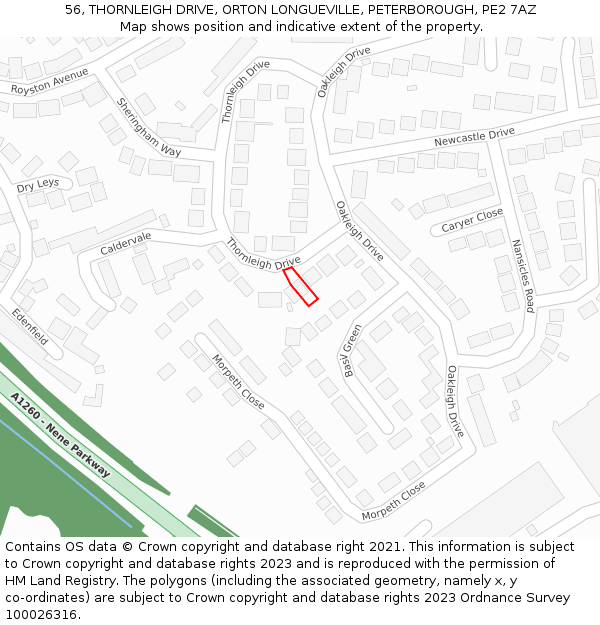 56, THORNLEIGH DRIVE, ORTON LONGUEVILLE, PETERBOROUGH, PE2 7AZ: Location map and indicative extent of plot