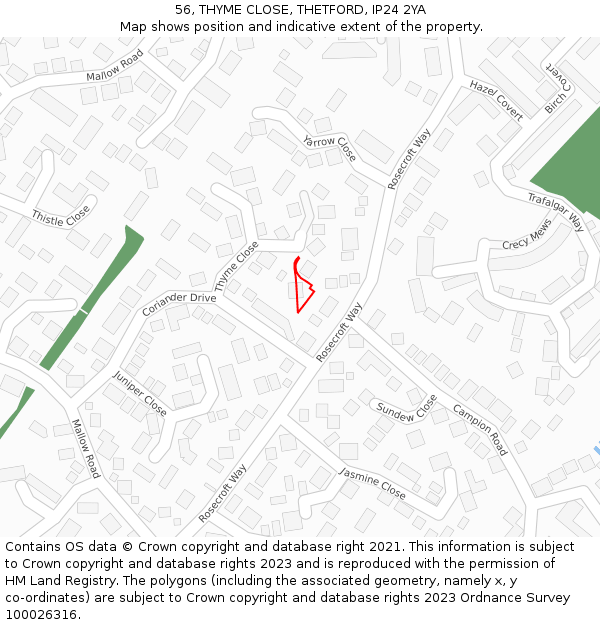 56, THYME CLOSE, THETFORD, IP24 2YA: Location map and indicative extent of plot