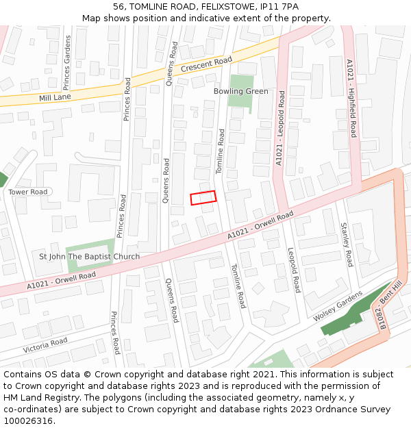 56, TOMLINE ROAD, FELIXSTOWE, IP11 7PA: Location map and indicative extent of plot