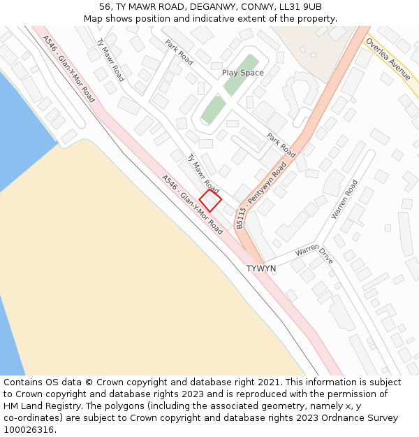 56, TY MAWR ROAD, DEGANWY, CONWY, LL31 9UB: Location map and indicative extent of plot