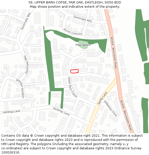 56, UPPER BARN COPSE, FAIR OAK, EASTLEIGH, SO50 8DD: Location map and indicative extent of plot