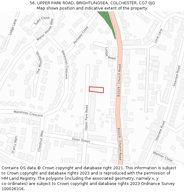 56, UPPER PARK ROAD, BRIGHTLINGSEA, COLCHESTER, CO7 0JG: Location map and indicative extent of plot