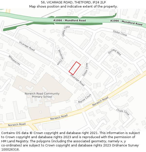 56, VICARAGE ROAD, THETFORD, IP24 2LP: Location map and indicative extent of plot