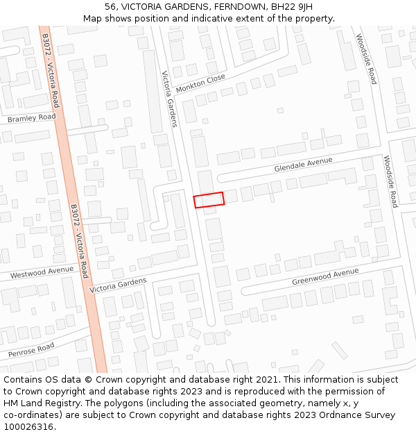 56, VICTORIA GARDENS, FERNDOWN, BH22 9JH: Location map and indicative extent of plot