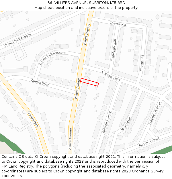 56, VILLIERS AVENUE, SURBITON, KT5 8BD: Location map and indicative extent of plot