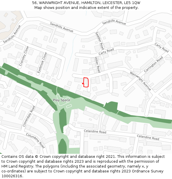 56, WAINWRIGHT AVENUE, HAMILTON, LEICESTER, LE5 1QW: Location map and indicative extent of plot