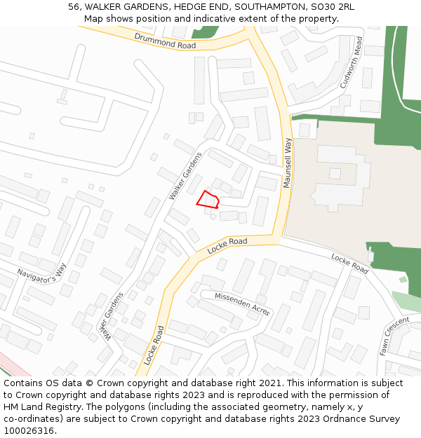 56, WALKER GARDENS, HEDGE END, SOUTHAMPTON, SO30 2RL: Location map and indicative extent of plot