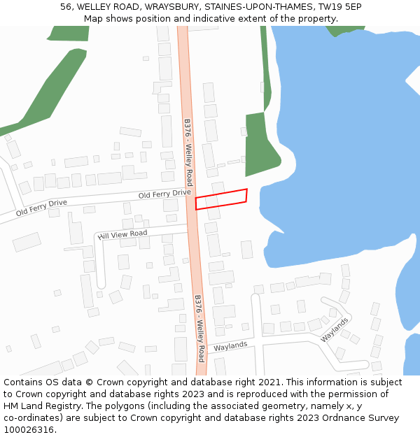 56, WELLEY ROAD, WRAYSBURY, STAINES-UPON-THAMES, TW19 5EP: Location map and indicative extent of plot