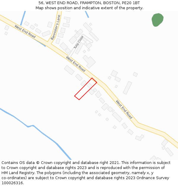 56, WEST END ROAD, FRAMPTON, BOSTON, PE20 1BT: Location map and indicative extent of plot