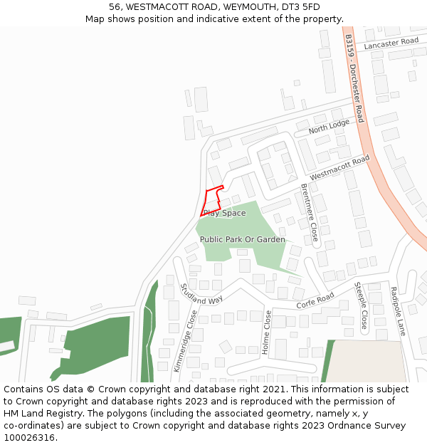 56, WESTMACOTT ROAD, WEYMOUTH, DT3 5FD: Location map and indicative extent of plot