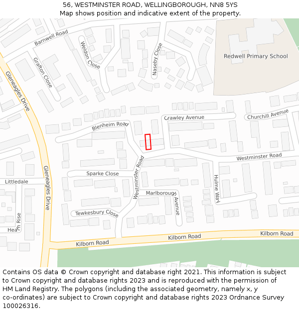 56, WESTMINSTER ROAD, WELLINGBOROUGH, NN8 5YS: Location map and indicative extent of plot