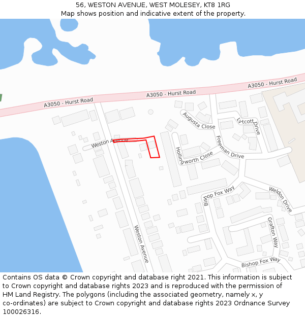 56, WESTON AVENUE, WEST MOLESEY, KT8 1RG: Location map and indicative extent of plot