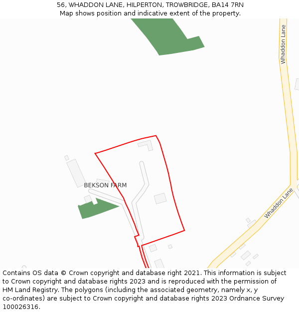 56, WHADDON LANE, HILPERTON, TROWBRIDGE, BA14 7RN: Location map and indicative extent of plot