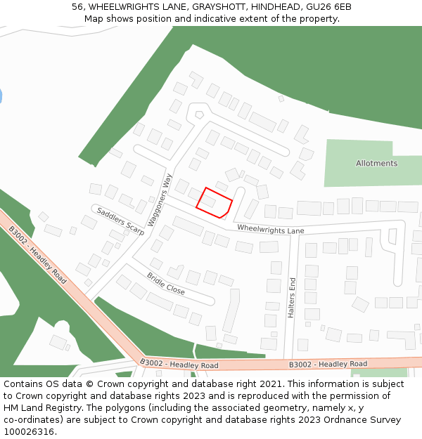 56, WHEELWRIGHTS LANE, GRAYSHOTT, HINDHEAD, GU26 6EB: Location map and indicative extent of plot