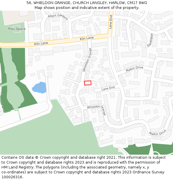 56, WHIELDON GRANGE, CHURCH LANGLEY, HARLOW, CM17 9WG: Location map and indicative extent of plot