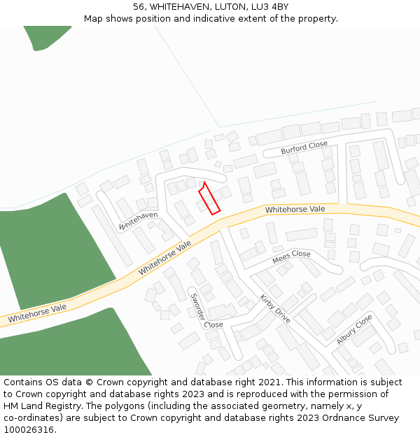 56, WHITEHAVEN, LUTON, LU3 4BY: Location map and indicative extent of plot