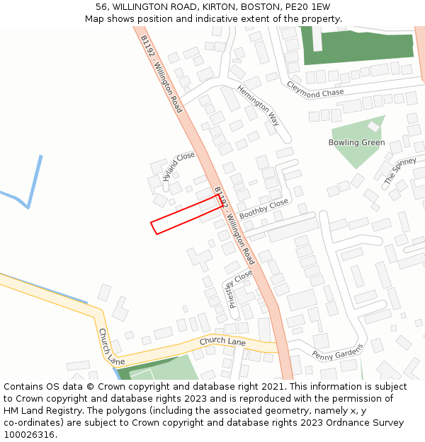 56, WILLINGTON ROAD, KIRTON, BOSTON, PE20 1EW: Location map and indicative extent of plot