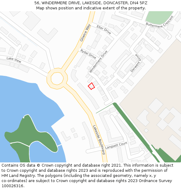 56, WINDERMERE DRIVE, LAKESIDE, DONCASTER, DN4 5PZ: Location map and indicative extent of plot